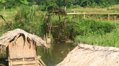 Su çarkları bambudan yapılır. Makaralar pirinci sulamak için dereden su alır. Bu Vietnam dağlarındaki etnik azınlıkların popüler bir parçası.