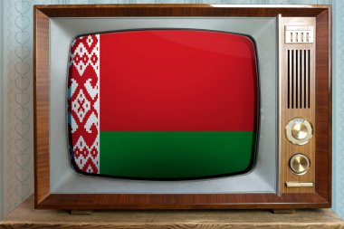 Ekranında Belarus 'un ulusal bayrağı olan eski bir televizyon, 60' ların şık iç mekanı, televizyondaki sonsuz değerler konsepti, küresel ticaret, politika, retro teknolojiler, haber 