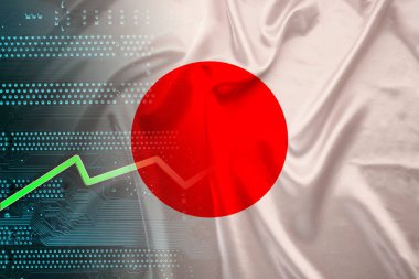 ulusal ipek bayrağı kıvrımlı, yeşil elektronik baskılı devre kartı PCB, büyüme oku, modern teknoloji konsepti, iş dünyası, ekonomi, politika, küresel dünya ticareti