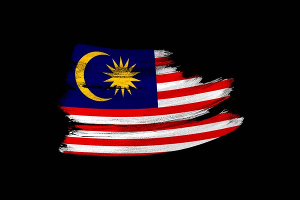 Creatieve Nationale Grunge Vlag Penseelstreek Maleisië Vlag Zwarte Geïsoleerde Achtergrond — Stockfoto