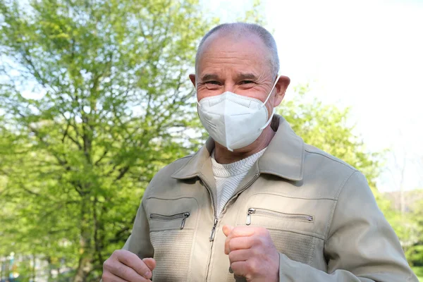 Bald Old Man Years Old White Mask Class Ffp2 Close — Stock Photo, Image