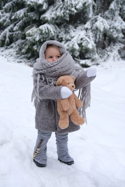 Cute Baby Girl Years Old Warm Winter Retro Clothes Teddy — Stock Photo, Image