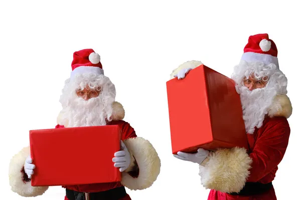 Santa Hält Eine Große Rote Schachtel Geschenke Verkäufe Zeigt Das — Stockfoto