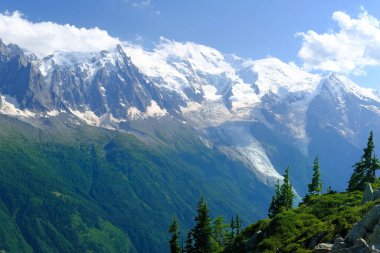 Yüksek dağlar, ağaçlı kayalık kayalıklar, arka planda kar kaplı Mont Blanc ile Fransız Alplerini görebilirsiniz, yürüyüş, kaya tırmanışı, aktif yaşam tarzı, doğanın güzelliği.