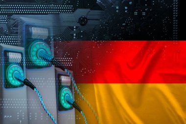 Almanya ulusal bayrağı, şarj istasyonunu yenile, alternatif enerji geliştirme konsepti, elektrikli araç üretimi, küresel iş, 3d illüstrasyon, görüntüleme