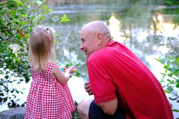 Small Child Year Old Girl Red Dress Old Man Grandfather — Stock Photo, Image
