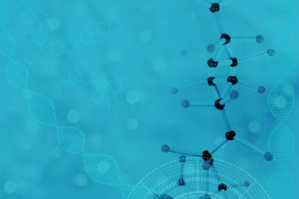 分子化合物模型的特写 蓝色模糊背景下的脱氧核糖核酸 人类基因组研究 概念科学的化学创新 Dna基因检测 — 图库照片