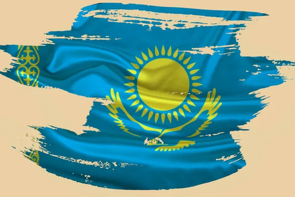 Kreativní Národní Grunge Vlajka Tahy Štětcem Kazachstánská Vlajka Béžově Izolovaném — Stock fotografie