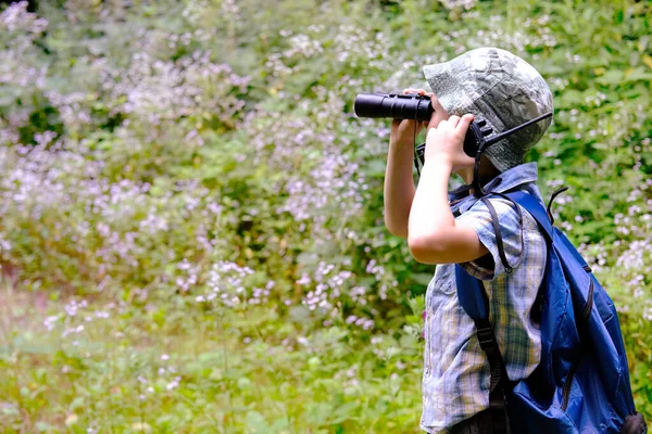 Kind Van Jaar Jongen Panama Hoed Geruite Shirt Met Walkie — Stockfoto