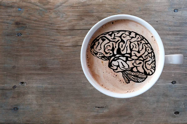 Närbild Vit Kopp Med Kaffe Cappuccino Gammal Brun Träbord Skum — Stockfoto