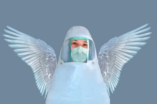 Junge Ärztin Krankenschwester Weißem Schutzanzug Und Arbeitskleidung Schutzmaske Aufgesetzt Weiße — Stockfoto