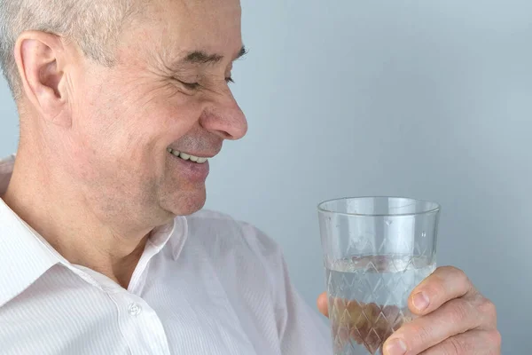 Close Mature Charismatic Man Senior Years Drinks Clean Water Glass — Stock Photo, Image