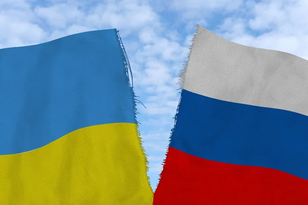 Oroszország Ukrajna Két Nemzeti Zászlaját Széttépi Anyag Közelkép Diplomáciai Szakítás — Stock Fotó