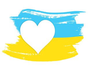 Ulusal Ukrayna bayrağı, izole edilmiş arka planda yaratıcı grunge brushstroke bayrağı, taklit beyaz kalp, politika konsepti, küresel iş, ticaret, uluslararası işbirliği, tasarımcı için temel