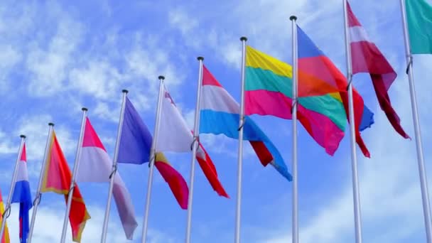 Nationella Flaggor Europa Och Andra Länder Satin Fladder Vinden Blå — Stockvideo