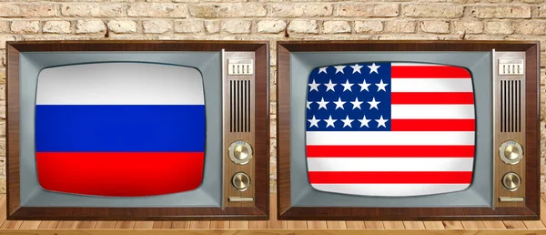 Two National Flags Russia America Old Retro Tube Analog Screen — Stock Photo, Image