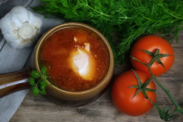 Kırsal masada sıcak çorba, pancar, sebze, kırmızı domates, ekmek, sarımsak, dereotları, geleneksel Ukrayna yemeği pişirme konsepti, dünya insanlarının mutfağı.