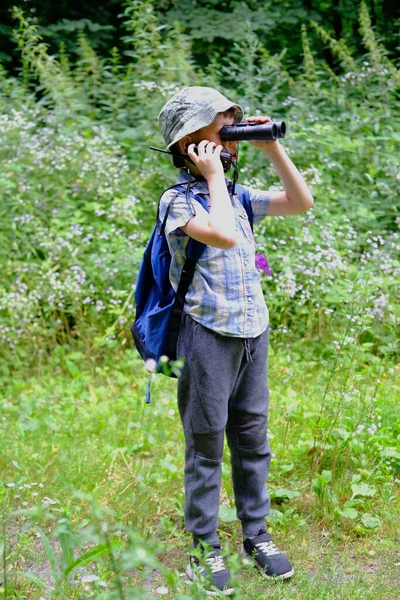 Kind Van Jaar Jongen Panama Hoed Geruite Shirt Met Walkie — Stockfoto