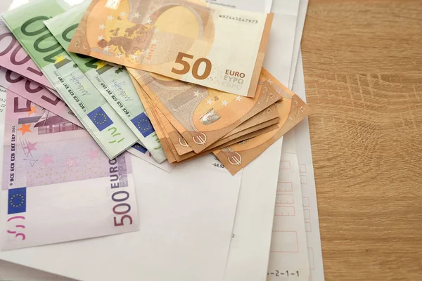 Close 100 500 Banconote Euro Documenti Finanziari Concetto Compilazione Della — Foto Stock