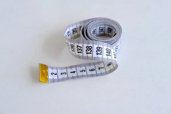 Close White Centimeter Measuring Tape Top View Concept Weight Control — Foto Stock