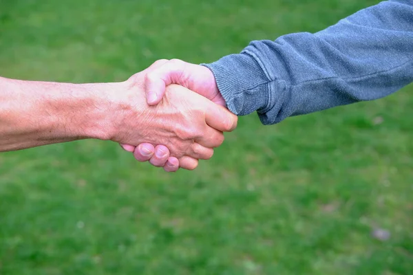 Close Male Hands Hold Handshake Background Green Grass Concept Meeting — Zdjęcie stockowe