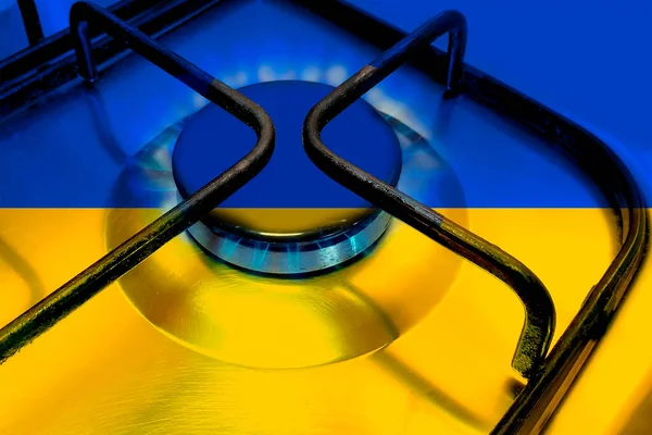 Close Household Gas Burner Blue Flame Flag European State Ukraine — Stockfoto