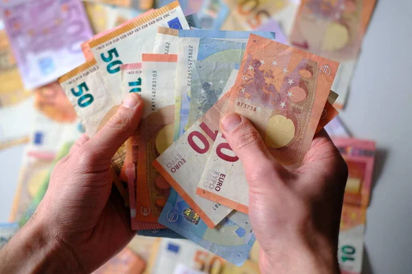 Closeup Male Hands Count Paper Euro Banknotes European Union Paper — стоковое фото