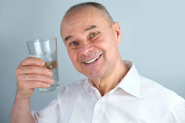 Close Mature Charismatic Man Senior Years Drinks Clean Water Glass — Stock Photo, Image