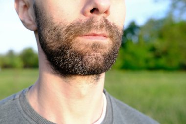 Yüzünün bir kısmı sakallı, 30 yaşında parlak ışık huzmeleri içinde, arka planda yeşil alanlar, bahar, yaz mevsimi, sağlıklı yaşam tarzı, banliyö ve kırsal, doğa koruması