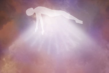dramatic background light sky, immortal soul of the deceased ascends to heaven, disembodied ghost of a person, white silhouette in heavenly light, postmortal transition, concept of dream, ascension clipart
