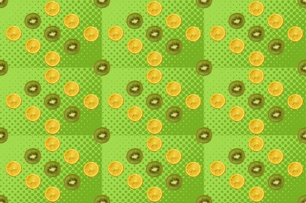 新鲜维生素猕猴桃 黄色柠檬 现代明亮的流行艺术质感 无缝图案 几何色彩背景 设计素食概念的绿色基础 健康饮食 — 图库照片
