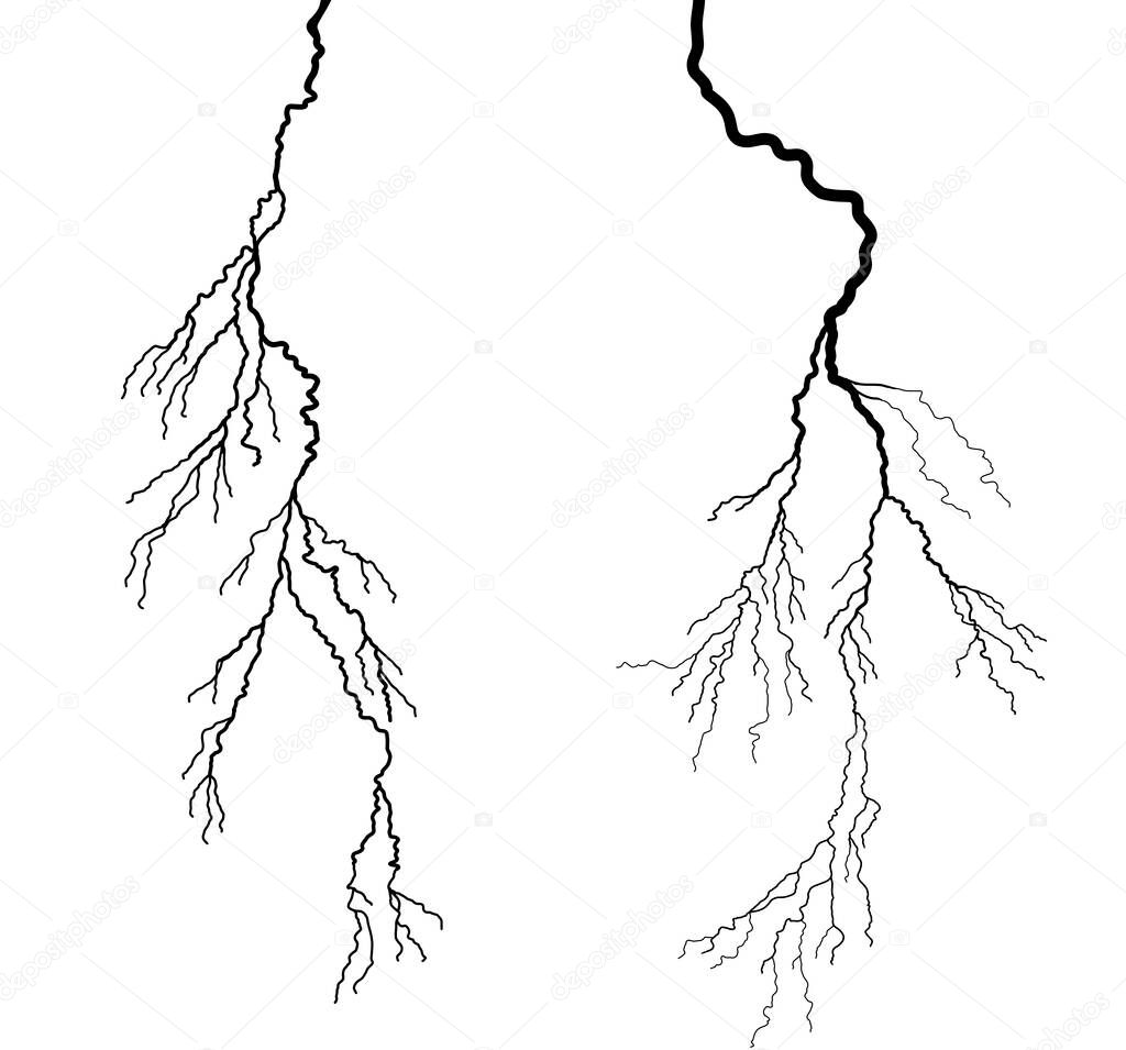 dramatic stormy lightning flashes, isolated object on a white background. Concept on the theme of Severe Weather, natural disasters, hurricane, typhoon, tornado, storm, natural basis for designer