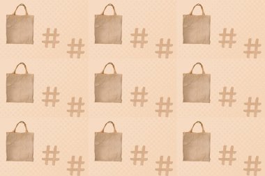 Bakkaliye için sapları olan bej rengi tuval, izole edilmiş arka planda çevre dostu keten alışveriş torbası olan kusursuz desen, gıda alışveriş konsepti, gıda krizi, plastik yok, tasarımcı için temel