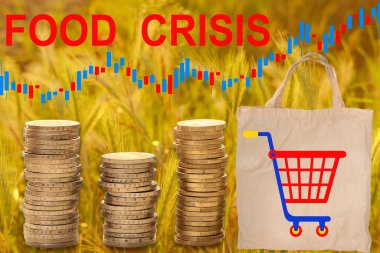 Olgunlaşan buğday, çavdar, alışveriş torbası, tramvay, ekonomik sorunlar, küresel gıda krizi, düşen satın alma gücü, yiyecek, tahıl ticareti, açlık tehdidi gibi altın alanlar.