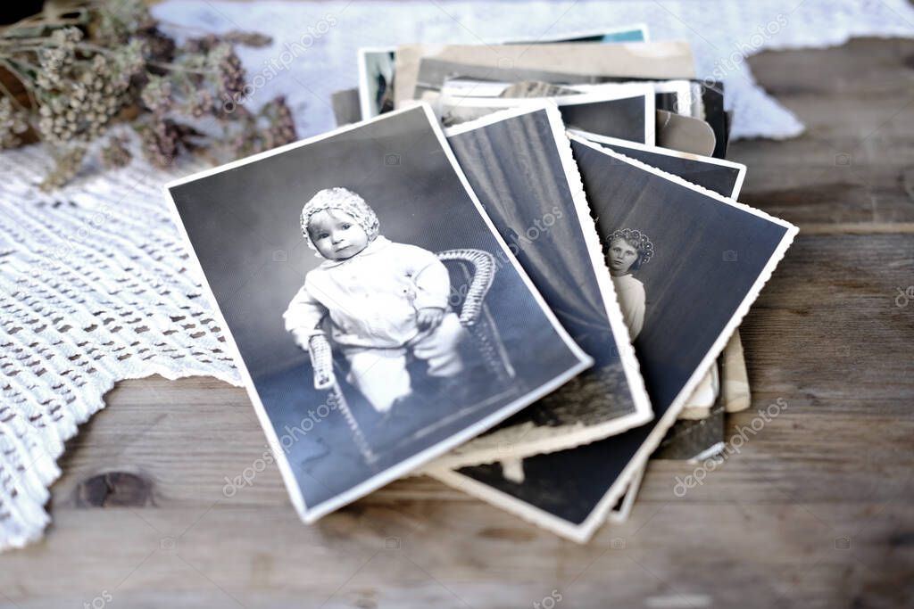 old monochrome photographs in sepia color 1940, home archive, concept of family tree, genealogy, memories, memory of ancestors, family tree, nostalgia, remembering, family ties, memories of childhood