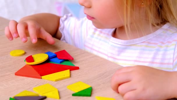 Kleiner Vierjähriger Junge Hat Spaß Beim Spielen Hause Mit Holzklötzen — Stockvideo
