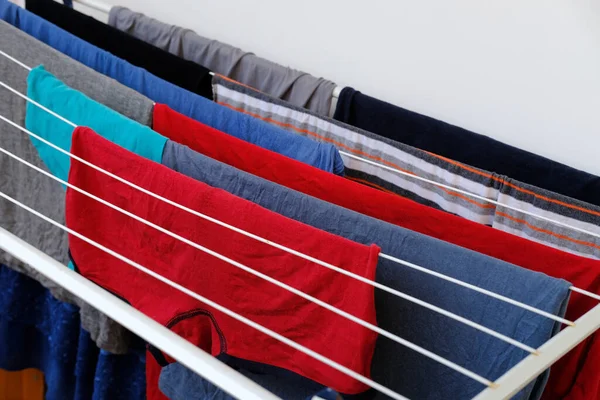 Close Wet Laundry Hanging Drying Wire Room Dryer Home Chores — Stok fotoğraf