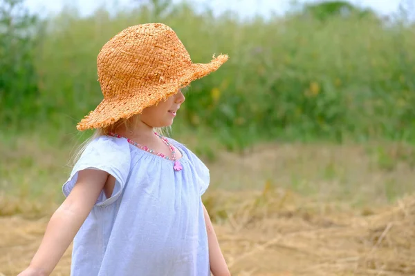 Little Child Years Old Girl Straw Hat Dress Field Mowed — Stock Photo, Image