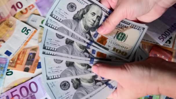 Closeup Female Hands Hold American Money Count Dollars Background Paper — Stock Video