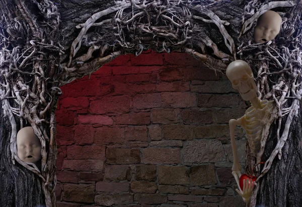 Scary Surreal Background Skeleton Skulls Halloween Concept Time Passed End — ストック写真