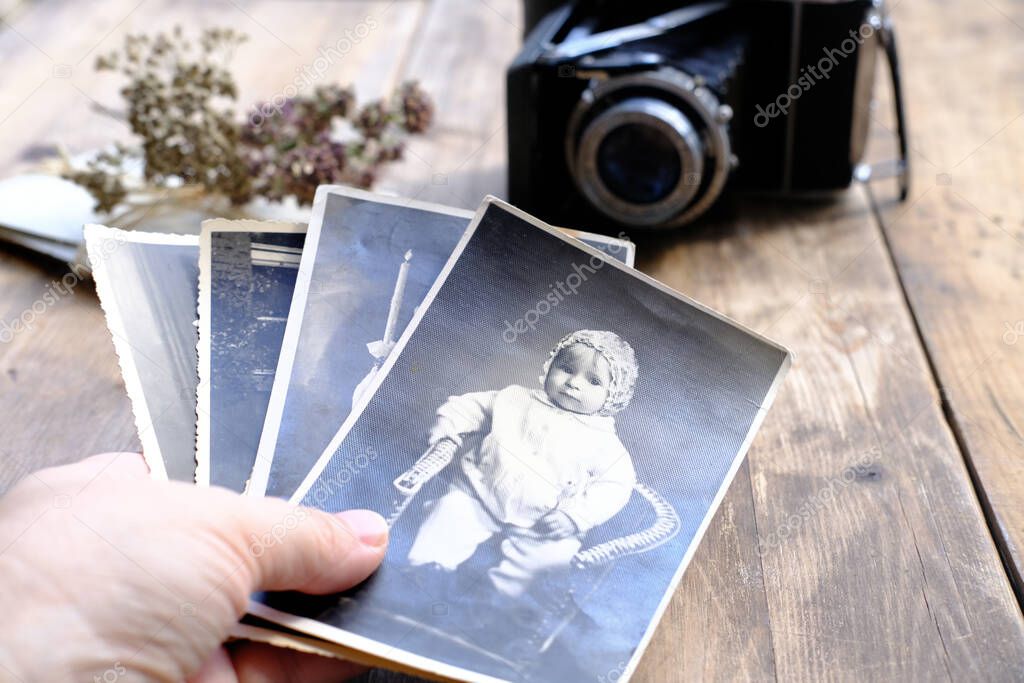 vintage photos, old photographs of 1950s in female hand, black retro accordion camera on wooden table, concept of genealogy, memory of ancestors, family tree, memories, home archive