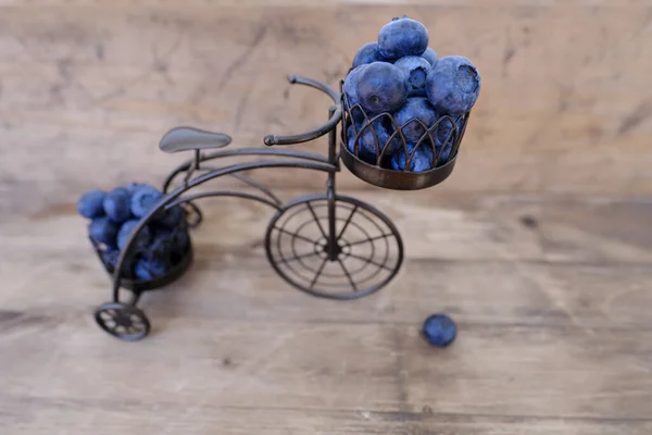 Blue Blueberries Metal Bicycle Baskets Wooden Table Vaccnium Uliginosum Garden — Foto de Stock