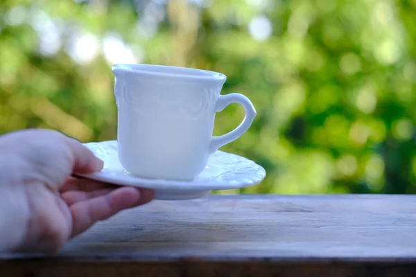 Closeup Cappuccino Coffee White Cup Saucer Wooden Table Beautiful Blurred — Stock Photo, Image