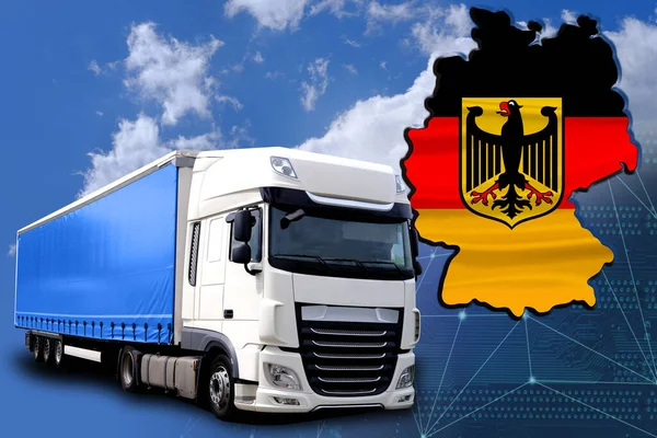flag of germany, cargo van, blue sky with clouds, international trucking, cargo transportation concept, combined transport around Europe, world, logistics services for business, fast delivery of goods
