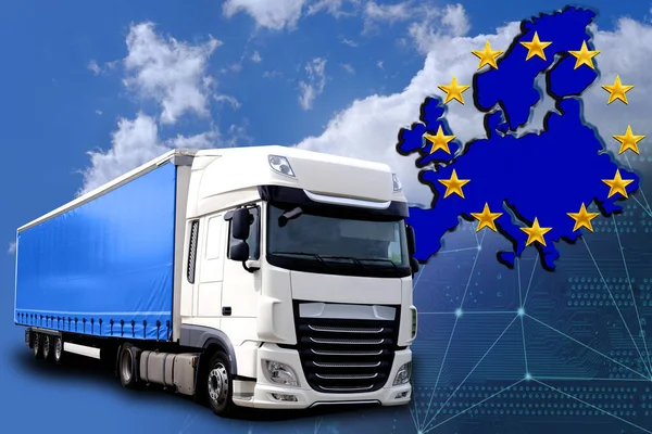 flag of european union, cargo van, blue sky, international trucking, cargo transportation concept, combined transport around Europe, world, logistics services for business, fast delivery of goods