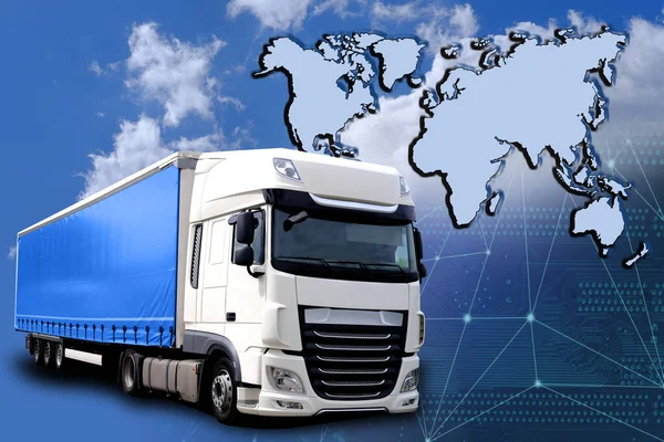 map of the world, cargo van, blue sky with clouds, international trucking, cargo transportation concept, combined transport around world, logistics services for business, fast delivery of goods