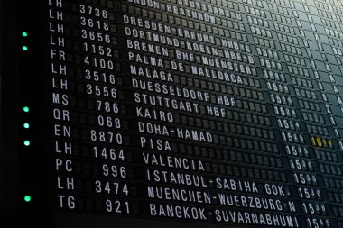 close-up of Flight Departures information board at Frankfurt Airport in Germany, black scoreboard, concept delay, arrival time, flight to Dusseldorf, Stuttgart, Cairo, Valencia, Doha, Istanbul