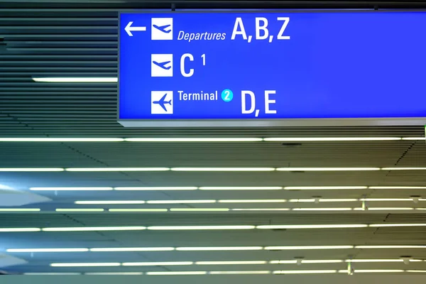 Close Airport Hall Signboards Blue Plates Indicate Gate Number Terminal — 图库照片