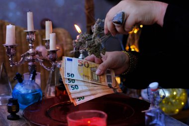 seance in salon of soothsayer, Librate with money, female hands of psychic doing witchcraft passes with euro banknotes, esoteric Oracle performs ritual of removing spell black magic, esoteric business clipart