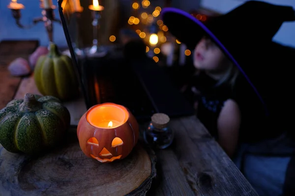 Small Child Out Focus Girl Years Old Witch Costume Hat — Foto Stock